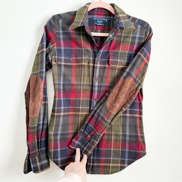 Ralph Lauren Blue Green Plaid Button Down Shirt w Brown Suede Elbow Patches sz 6 - Picture 2 of 4